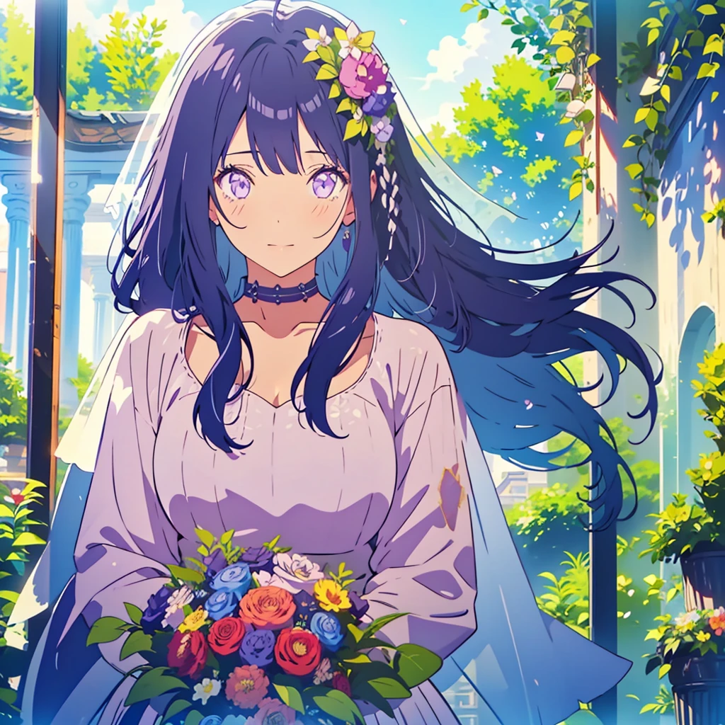 TMND-Mix_II, bride, flower veil, textured veil, dreamy, long hair, dark blue hair, purple eyes, half braid hair, detailed wedding dress, detailed scenery, flowers and tress, wind, butterflies🦋, happy atmosphere, from afar