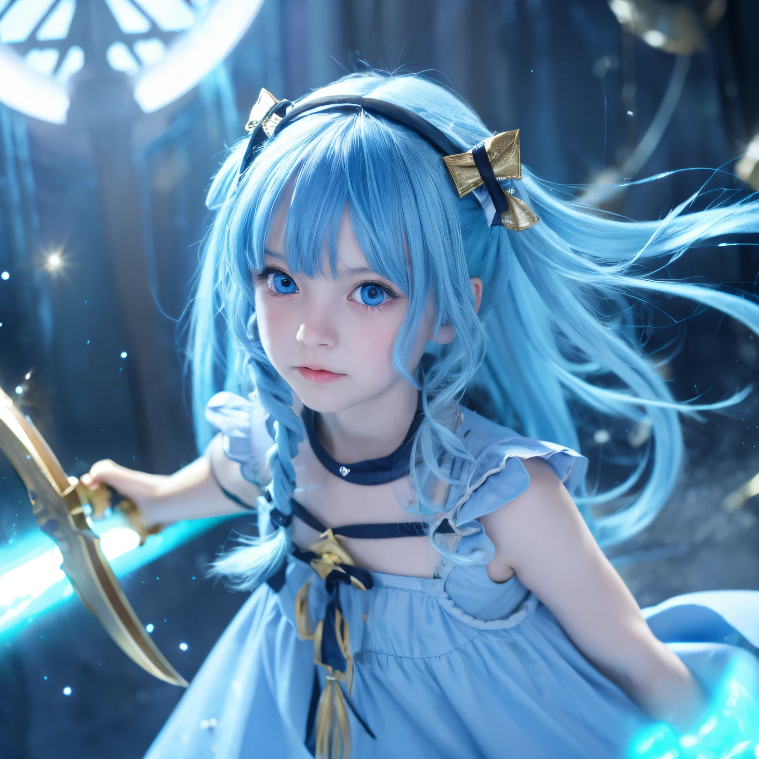 Cabelo azul Olhos azul claro com reflexos estrelados Bardiche Machado longo Vestido Animação de respingo personagem Loli Loli 