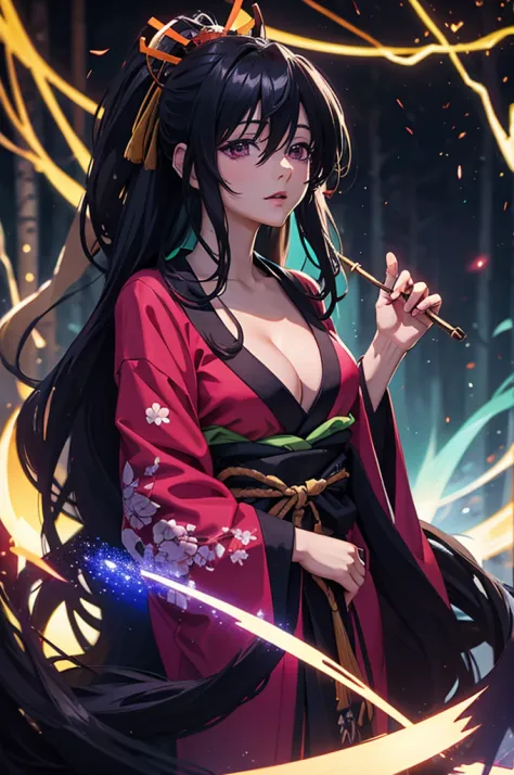 Akeno , long hair , in night forest, and dark  , wearing kimono , glowing background