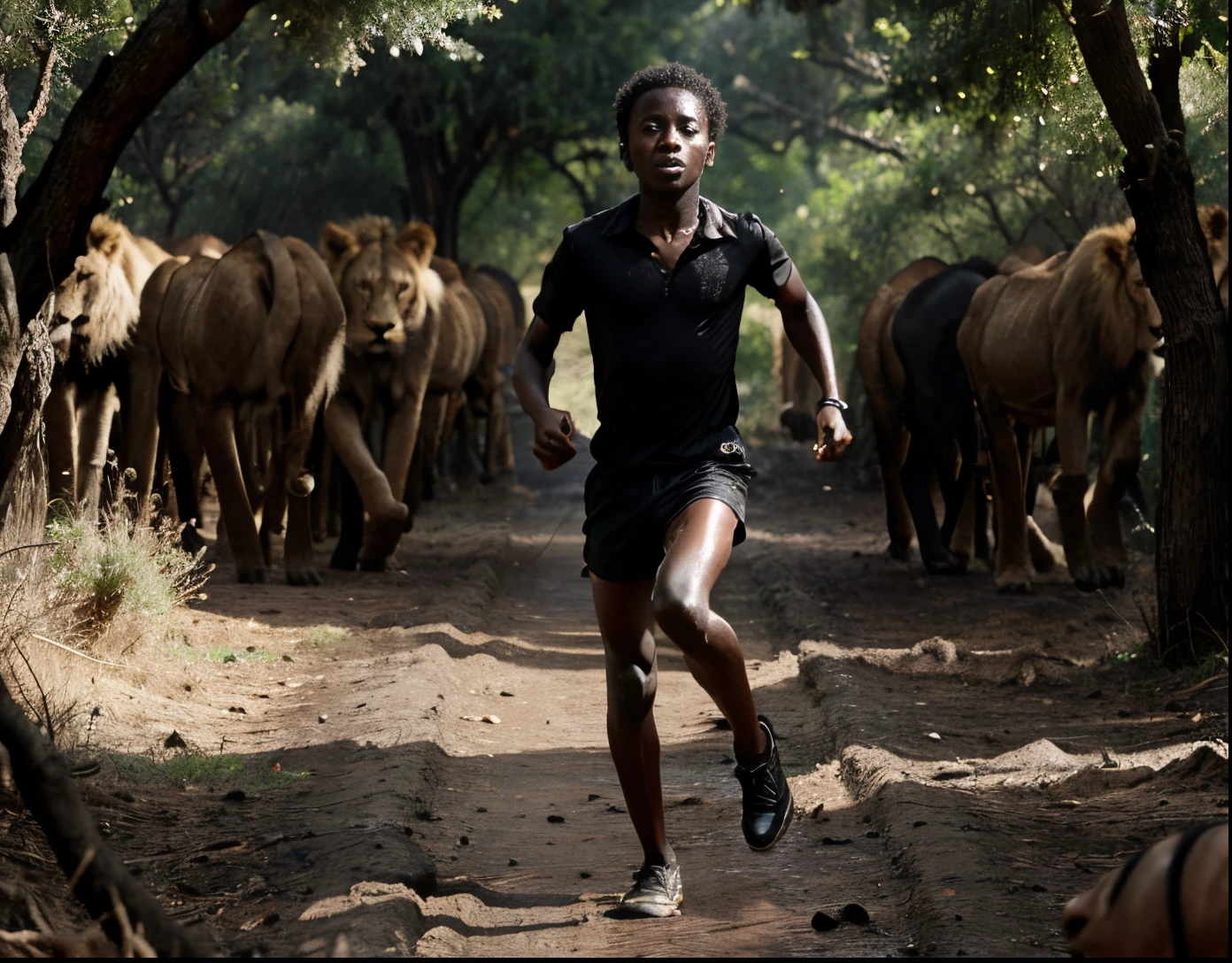 Um africano negro correndo em uma floresta cercada por leões nas costas, com ambientes de terror ao redor, como claro, escuro e chuva