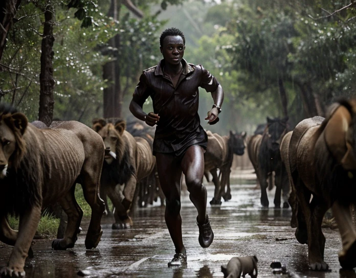 Ein schwarzer Afrikaner läuft mitten in einem Wald, umgeben von Löwen im Hintergrund, mit Horror-Umgebungen wie Licht, Dunkelheit und Regen, fotorealistisch, Filmstil, Realistische Materialien, Regelmäßiges Auftreten  ,Natürlicher dunkler Hautton, Keine perfekte Haut, Ohne Kosmetik,