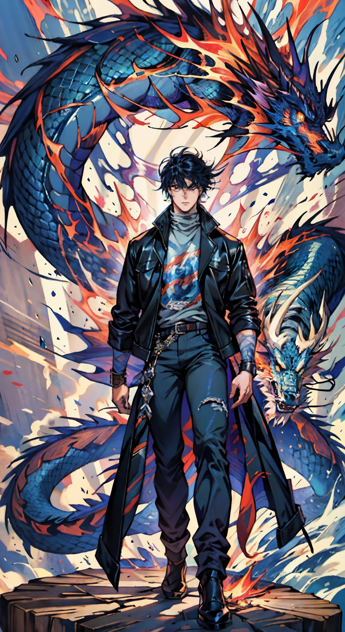 A young man, dark blue short hair, long bangs covering half of his face, sharp eyes, a long scar on his face, an expression of discontent, a fantasy-realistic style leather jacket over a dark undershirt, trousers that matching the outfit, black fire swirling around, the background depicts a menacing dragon formed by black flames, this character embodies a finely crafted fantasy-realistic in anime style, exquisite and mature manga art style, high definition, best quality, highres, ultra-detailed, ultra-fine painting, extremely delicate, professional, anatomically correct, symmetrical face, extremely detailed eyes and face, high quality eyes, creativity, RAW photo, UHD, 8k, Natural light, cinematic lighting, masterpiece-anatomy-perfect, masterpiece:1.5