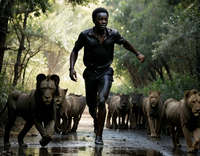背後にライオンが囲む森の真ん中を走る黒人アフリカ人, 光、闇、雨などの恐怖の周囲の環境, 写真のようにリアル, 映画スタイル, リアルな素材, レギュラー出演  ,自然な濃い肌色, 完璧な肌ではない, 化粧品なし,