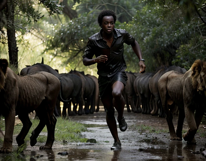 A black African  running in a midst forest surrounded with lions at the back, with horror surounding environments like light dark and rain, photo-realistic, movie style, Realistic materials, Regular appearance  ,Natural dark skin tone, Not perfect skin, Without cosmetics,