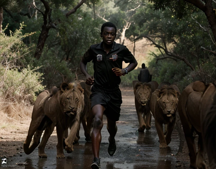 Portraitfotografie,Ein schwarzer Afrikaner läuft mitten in einem Wald, umgeben von Löwen im Hintergrund, mit Horror-Umgebungen wie Licht, Dunkelheit und Regen, Alter 10-jähriger Junge,fotorealistisch, Filmstil, Realistische Materialien, Regelmäßiges Auftreten  ,Natürlicher dunkler Hautton, mit perfekter Haut