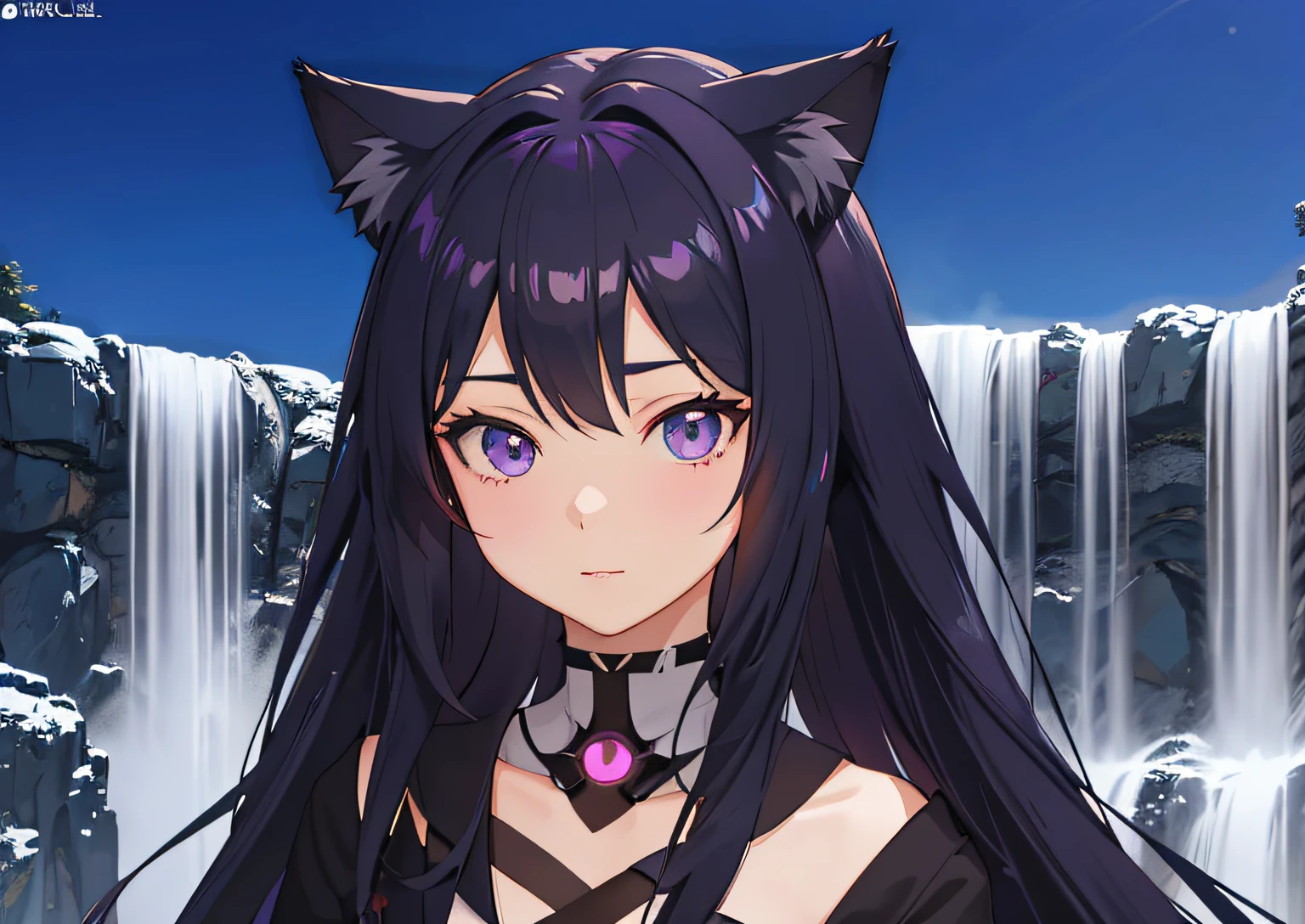 Anime girl with long black hair and purple eyes standing in front of a  waterfall - SeaArt AI