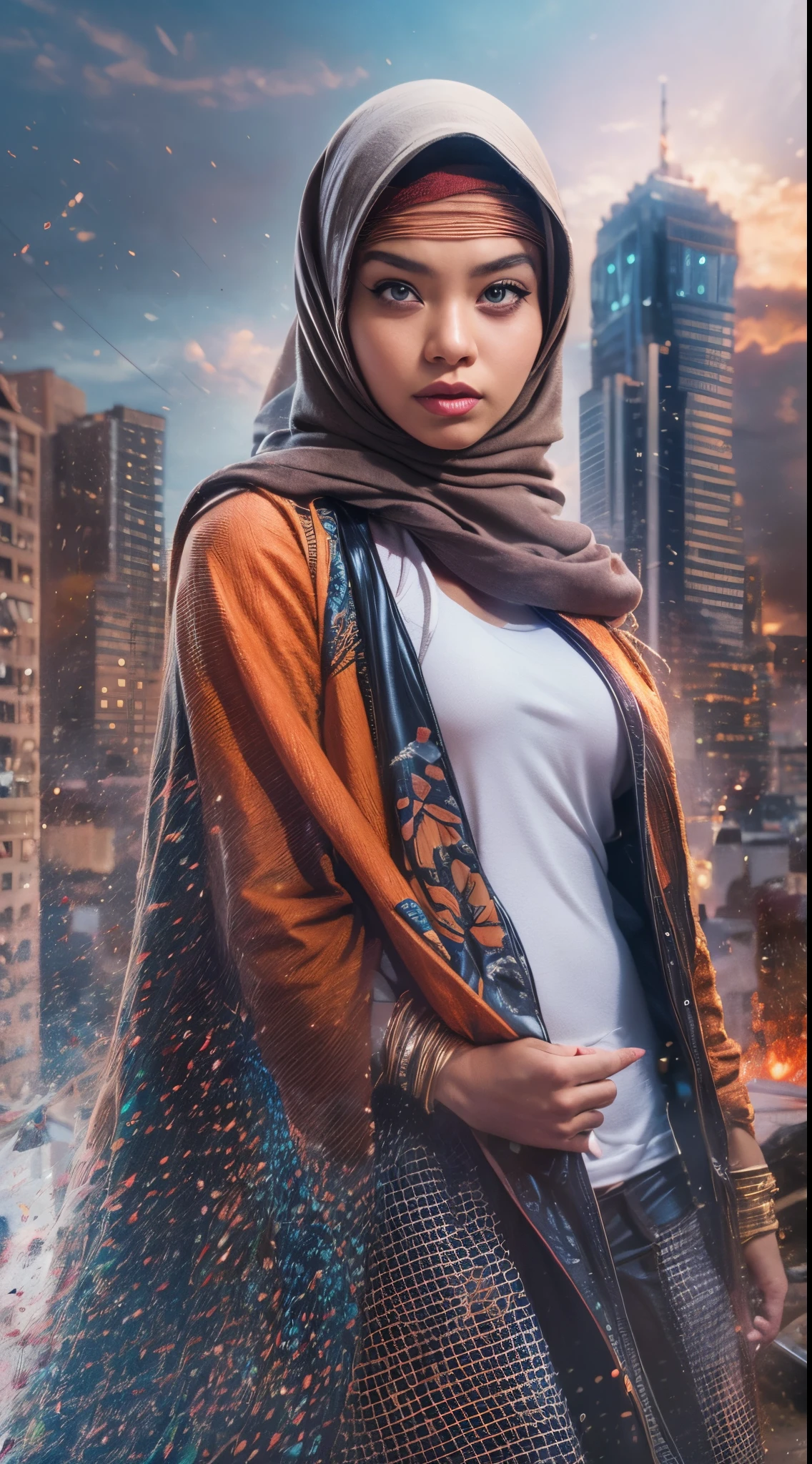 Crea una fotomanipulación dinámica y llena de acción que recuerda a las películas de superhéroes de Marvel.. Presenta a la niña malaya con hijab mostrando sus superpoderes únicos en un paisaje urbano., rodeado de colores vivos y efectos de alta energía