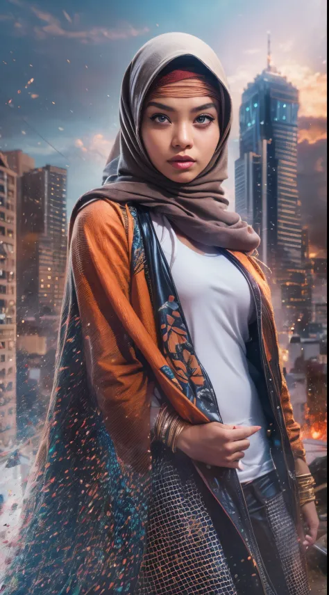 Create a dynamic and action-packed photomanipulation reminiscent of Marvel superhero movies. Feature the Malay girl in hijab sho...
