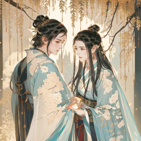 men and women in ancient china，snuggle up to each other，clear face，pretty eyes，hanfu，（the man is handsome）romantic atmosphere，th...