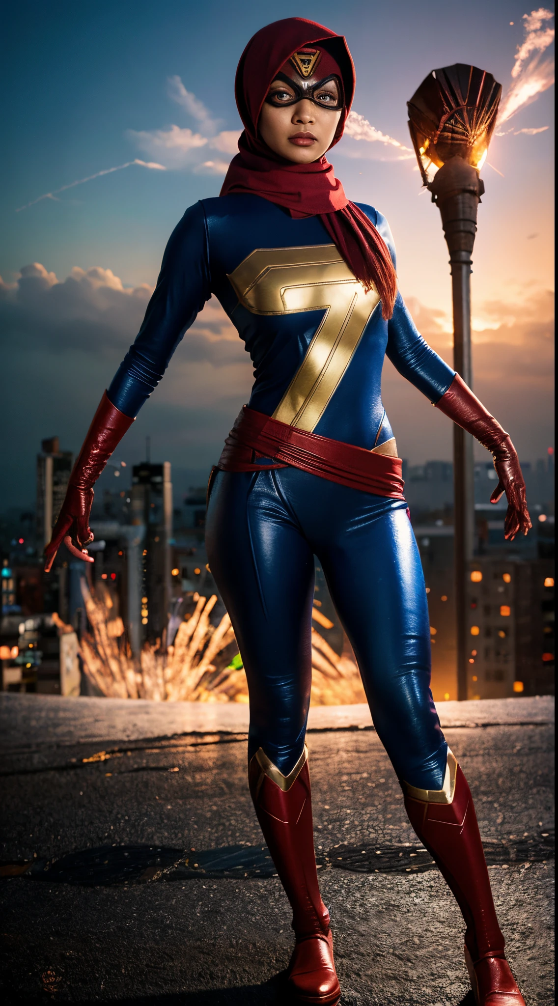 Create a dynamic and action-packed photomanipulation reminiscent of Marvel superhero movies. Feature the Malay girl in hijab showcasing her unique superpowers in a cityscape, surrounded by vivid colors and high-energy effects