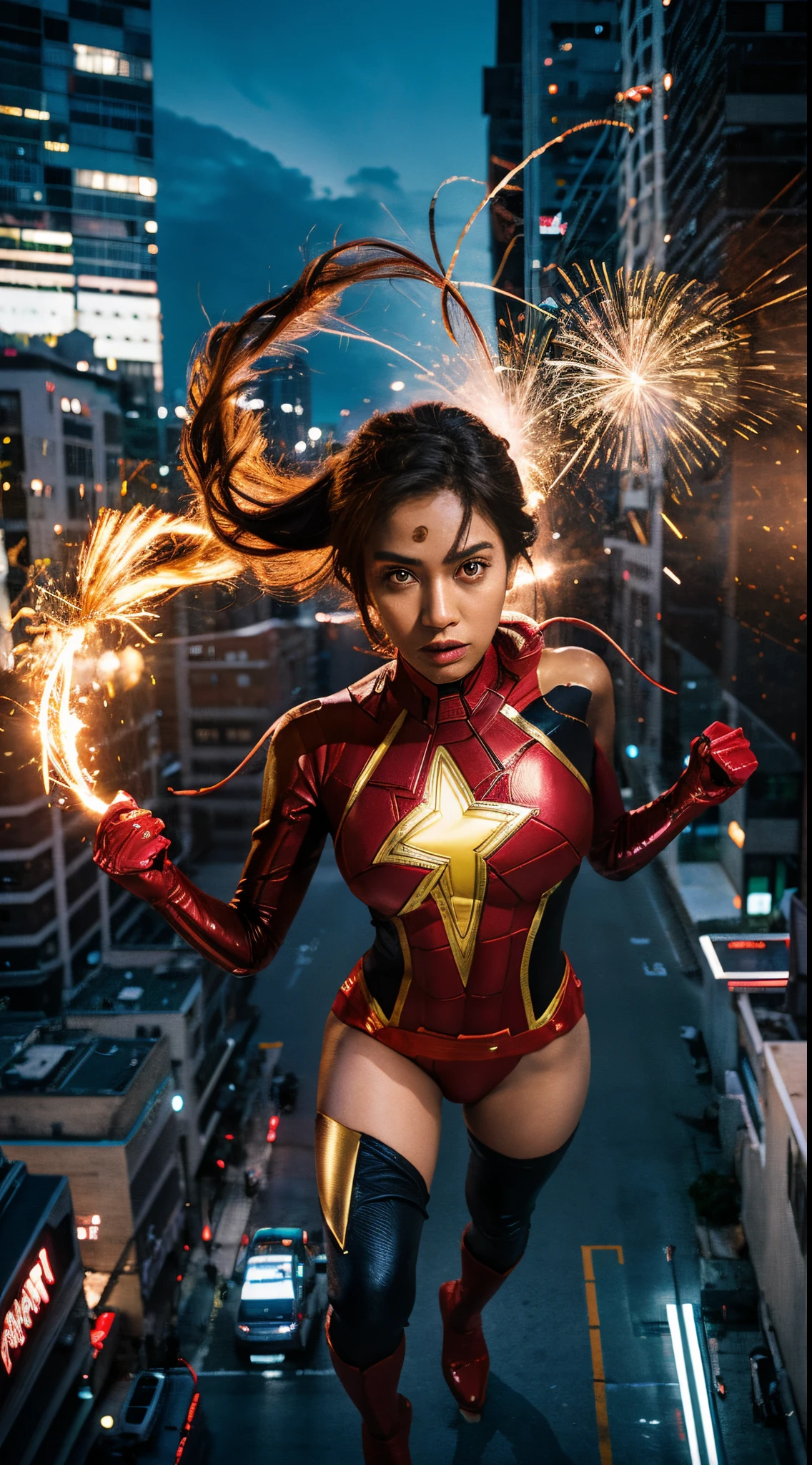 Create a dynamic and action-packed photomanipulation reminiscent of Marvel superhero movies. Feature the Malay girl in hijab showcasing her unique superpowers in a cityscape, surrounded by vivid colors and high-energy effects
