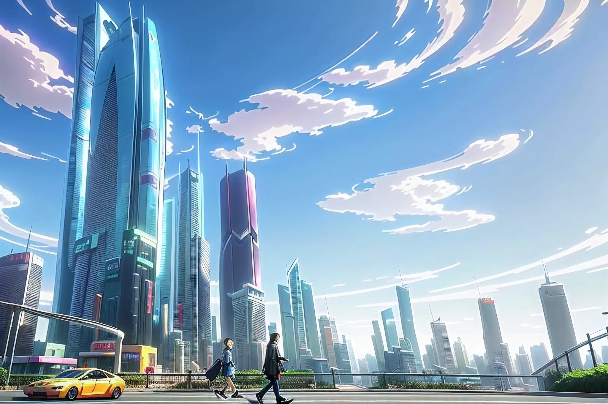 Anime City，There are a lot of people walking and cars on the street, anime style cityscape, urban concept art, Concept art wallpaper 4K, hd anime cityscape, Anime landscape concept art, Beautiful city of the future, Concept art 4K, concept art 4 k, concept art style, smooth digital concept art, Futuristic city landscape, Skyscrapers and drones