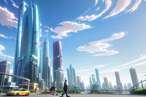 Anime City，There are a lot of people walking and cars on the street, anime style cityscape, urban concept art, Concept art wallp...