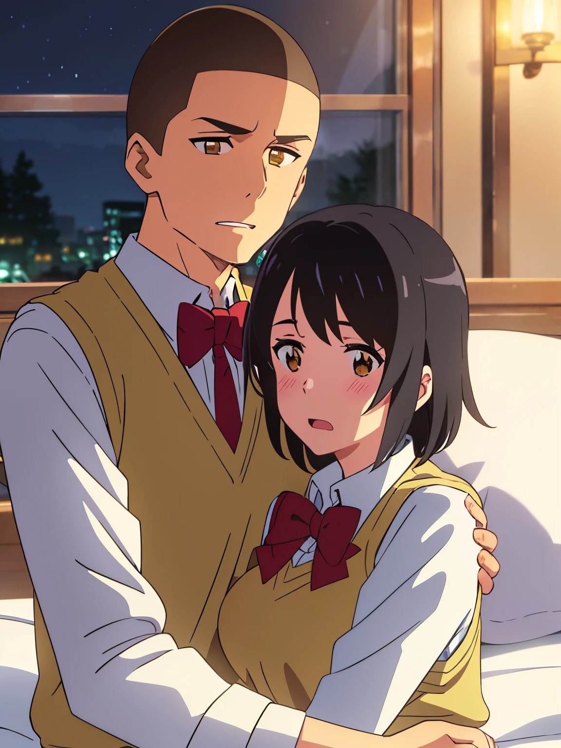 Anime image of a man and woman hugging in a bedroom - SeaArt AI