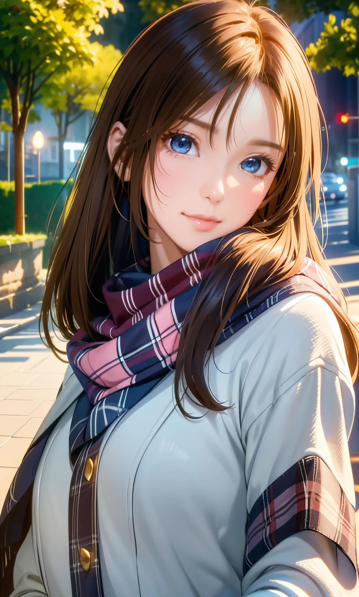 (​masterpiece),(top-quality:1.2),1girl in,(masuter piece:1.3),exquisitedetails, Highest quality 8K resolution, Ultra-detailed, Realistic, Vibrant colors, Soft tones, With warm and gentle lighting,(Beautiful plaid scarf:1.3)(Brown long coat:1.2) early evening,Big sunset,(Smooth straight blonde hair:1.2),(Hair parted in the middle:1.3),(Glowing hair),(Dark blue eyes:1.3),White skin, hair clips,wrist watch,Overflowing soft and gentle feelings,(The promenade is full of flowers),rays of sunshine,Warm golden glow,happiness and laughter,Sticking to ultra-detailed depictions and vivid colors. A style that combines romanticism and realism、depth of love,color palettes,and the lighting is soft and diffused, Shine a gentle light on your face,The artwork is a masterpiece,