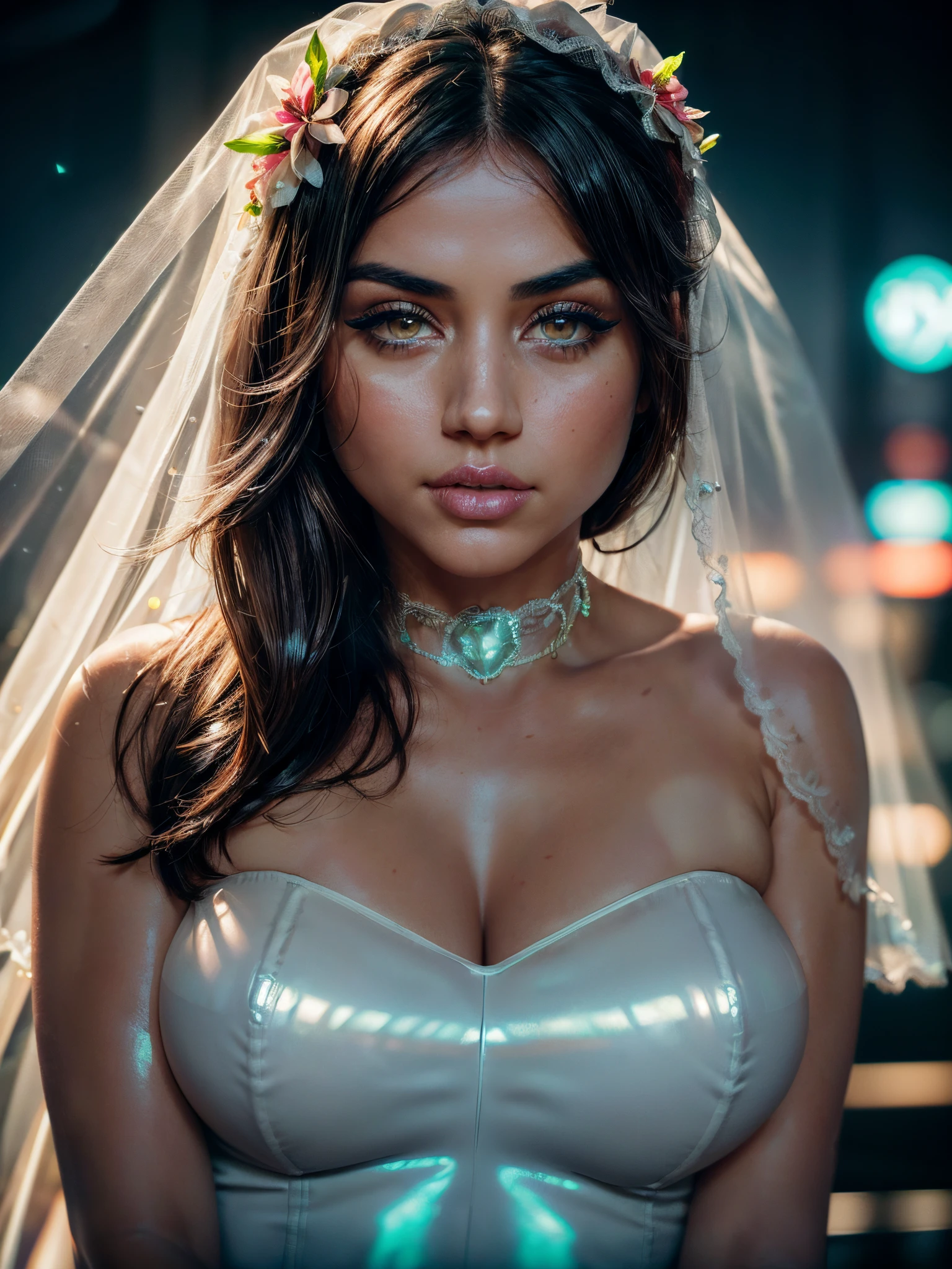 (ultra realistic,32k,RAW photo:1.1),(high detailed skin:1.1), 8k uhd, dslr, high quality, film grain, (makeup, mascara:1.1), lips,(thick\lips\), (shiny glossy translucent clothing:1.1), flower, veil, bride, white dress,hair flower, bridal veil, bare shoulders, strapless, detached collar, feather trim, Posing as if whispering a secret, (busty:1.1) , (chubby:0.1),(soft shaded neon light:1.2), dark theme, sunrise, vibrant colors, horizon glow, tranquil