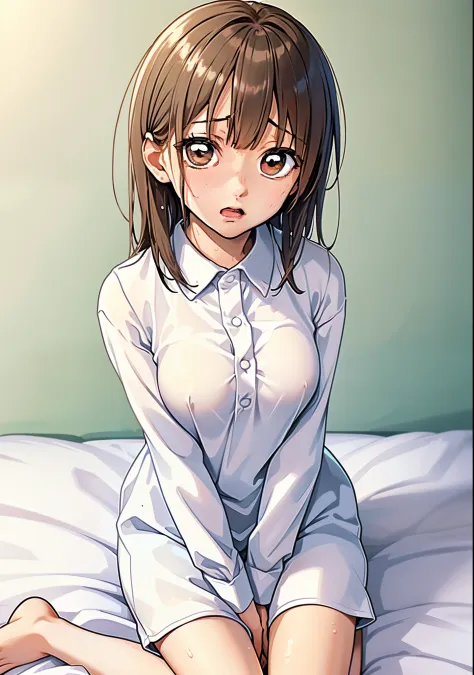 Smooth Anime CG Art、solofocus、1girl in、(((white  shirt)))、White shorts、(small tits)、(((Sweat)))、slender、Hair Flower、Medium hair、Open mouth、((sitting on))、(((to close range)))、(((On a white bed)))、White walls、(((The background is only the bed and wall)))