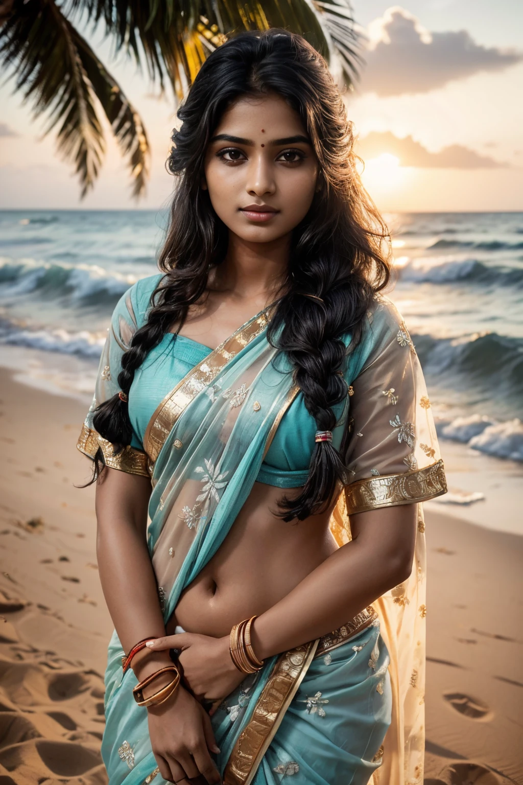 Очень индийская женщина, портрет, 20 лет, подростковый возраст, блузка и сари, сумерки и закат, Тропический океан, пляж, песок, кокосовые пальмы, королевский, детальное тело, подробное лицо, традиционный, Великолепный, ультра реалистичный, очаровательный, милый, Длинные заплетенные волосы, окружающее освещение, зима, подробный фон, Объемное освещение, Тень, 8К