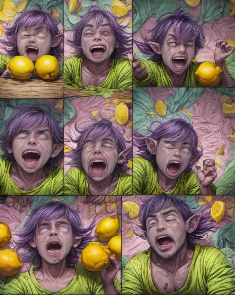 violett troll queezing two lemons in his own eyes, pain, cry, comic. tounge out, side view, open mouth, colorful --auto --s2