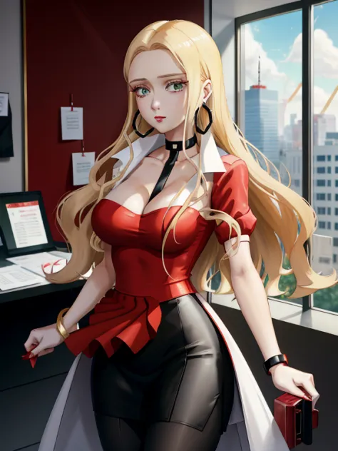 "oleana from pokemon, wearing a red shirt, with a hint of cleavage, in a black skirt and pantyhose. she has a white coat, well-d...