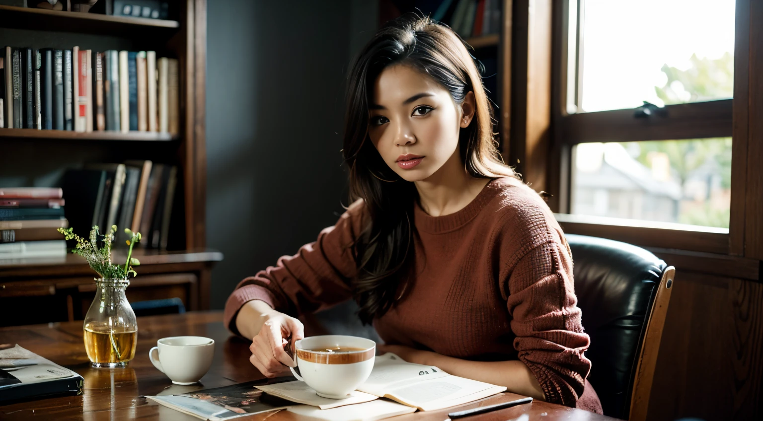 (masterpiece, best quality, photo-realistic:1.3), a contented female protagonist called Kimmie Miso, relaxed on a (plush, oversized armchair:1.2) in her cozy living room, surrounded by (bookshelves filled with vintage records:1.2), (soft, ambient lighting:1.1) casting a warm and inviting glow, a (rustic wooden coffee table:1.1), her (comfy, well-worn sweater:1.2) keeping her snug, a cup of (steaming tea:1.1) on a side table, and outside, (rain tapping gently on the window:1.2), creating a peaceful, cozy atmosphere for her to bask in the beauty of melodic comfort.