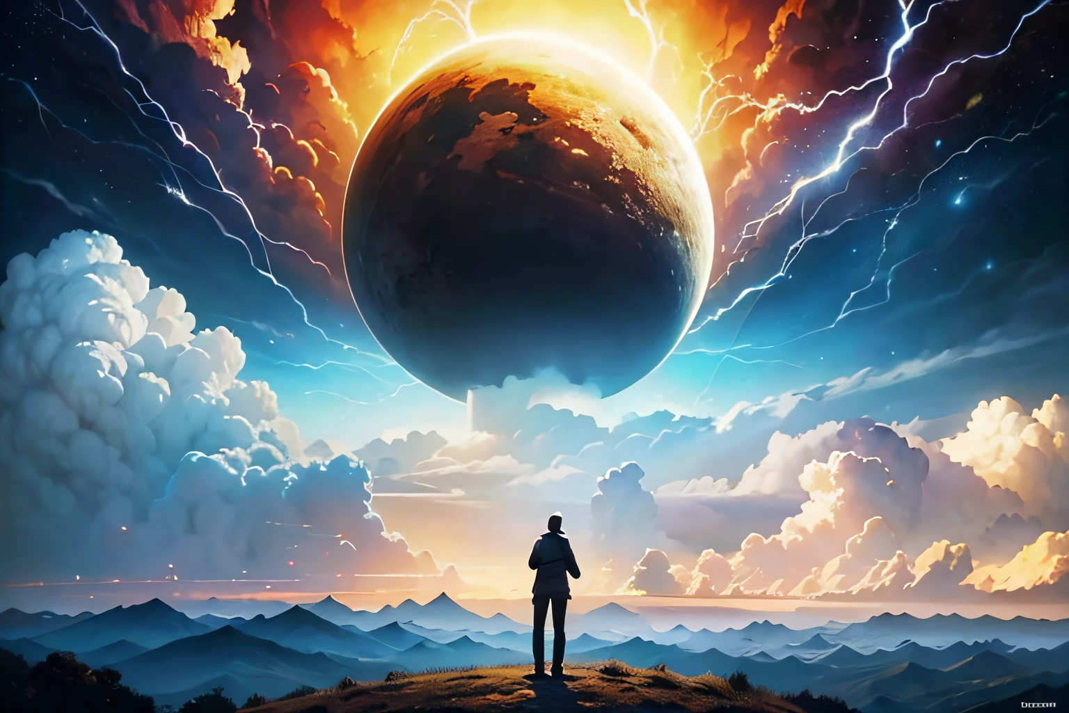 a man standing on a hill looking at a distant landscape, digital art inspired by Cyril Rolando, trending on Artstation, space art, tim hildebrandt, artgem and John Berkey masterpiece, and jeremiah ketner, realism | John Berkey, beeple and jean giraud, beeple and greg rutkowski painting of a large cloud with a a gaping black hole to space, a surrealist painting by Michael Sutfin, shutterstock contest winner, surrealism, android jones and rhads, cloud vortex, thick swirling lightning ring, surrealistic painting, surrealist landscape painting, thunder clouds modernism, surreal scene, surreal clouds, jacek yerka and vladimir kush, surreal painting, lightning , star fields, a scene from Inception. Studio Ghibli