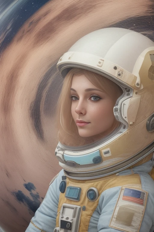 Linda astronauta (25 anos), ela tem cabelos azuis pastel e rosa,, olhos bem detalhados,mostrando os seios para Marte, ambiente, space station, .shine outer space, seios rosados, detalhado, highes definition.