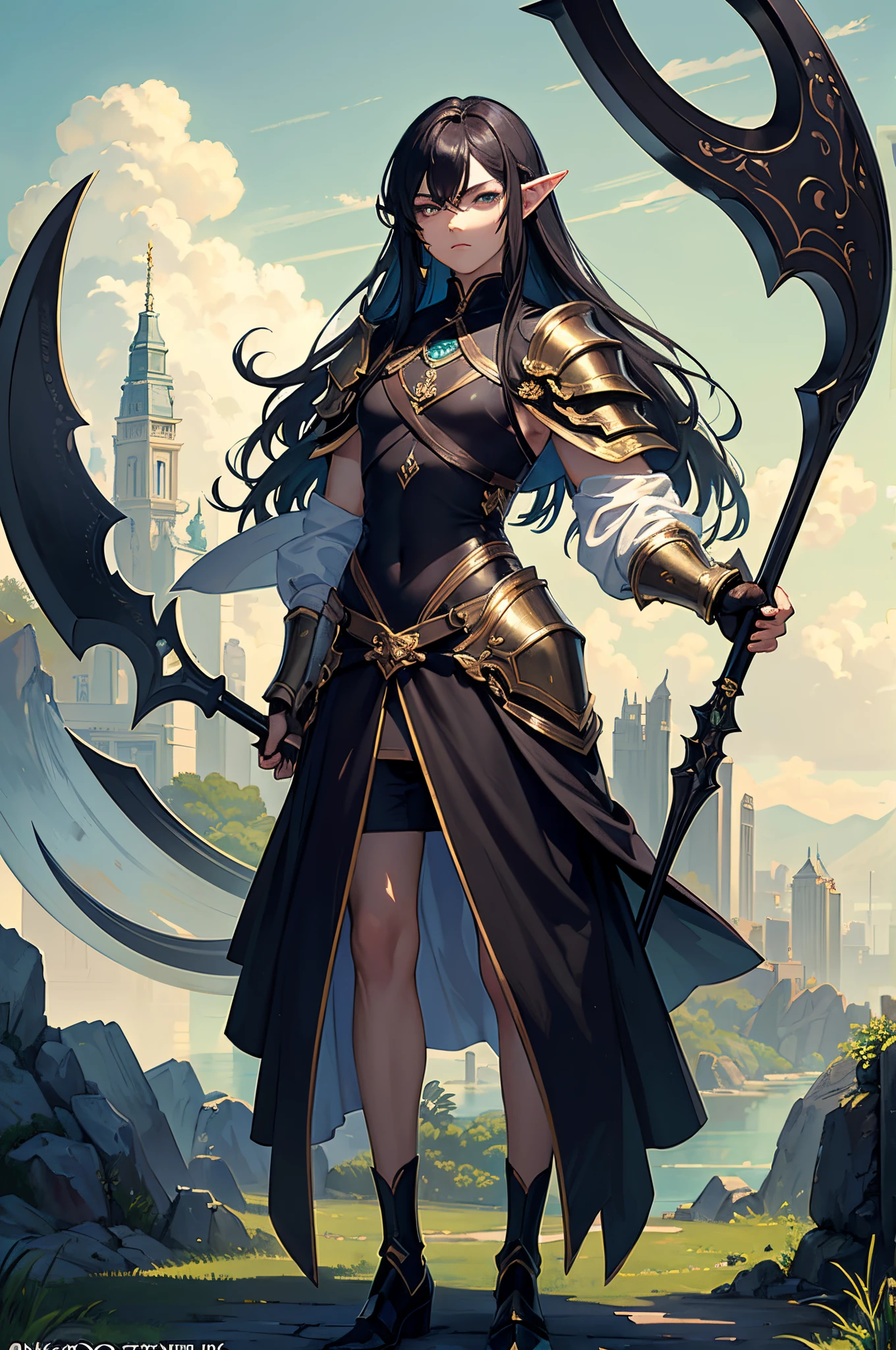 (Masterpiece, Top Quality, Best Quality, Official Art), (full body portrait), indifferent face, black shoulder-length hair, jade eyes, fair-skinned, young elf male, androgynous, 5ft5, light armor, holding scythe, defined muscle