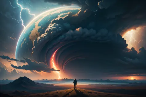 a man standing on a hill looking at a distant landscape, digital art inspired by cyril rolando, trending on artstation, space ar...