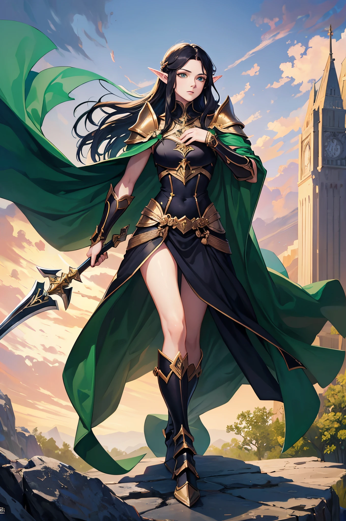 (Masterpiece, Top Quality, Official Art), (full body portrait), black shoulder-length hair, green eyes, fair-skinned, young elf male, androgynous, 5ft5, light armor, holding scimitar, defined muscle