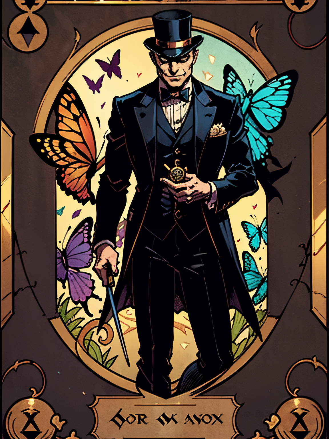 masterpiece, (dark:1.4), 1 man, short hair, suit, top hat, magician half mask, tarot card /style/, detailed, evil smirk, holding wand,
