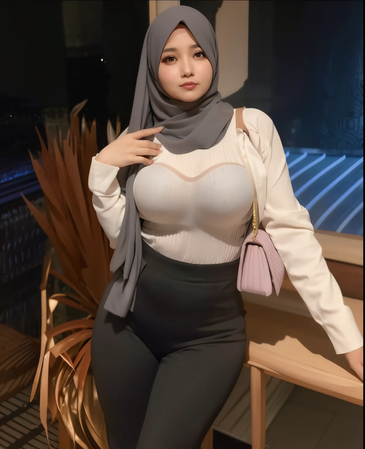 Gigantic Huge Boobs Anime - A woman wearing a white shirt and black pants posing for a picture - SeaArt  AI