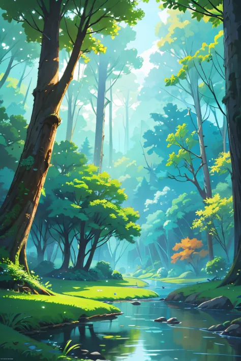 forest background, river, forest landscape, nature, digital painting, beautiful digital illustration, fantasia background