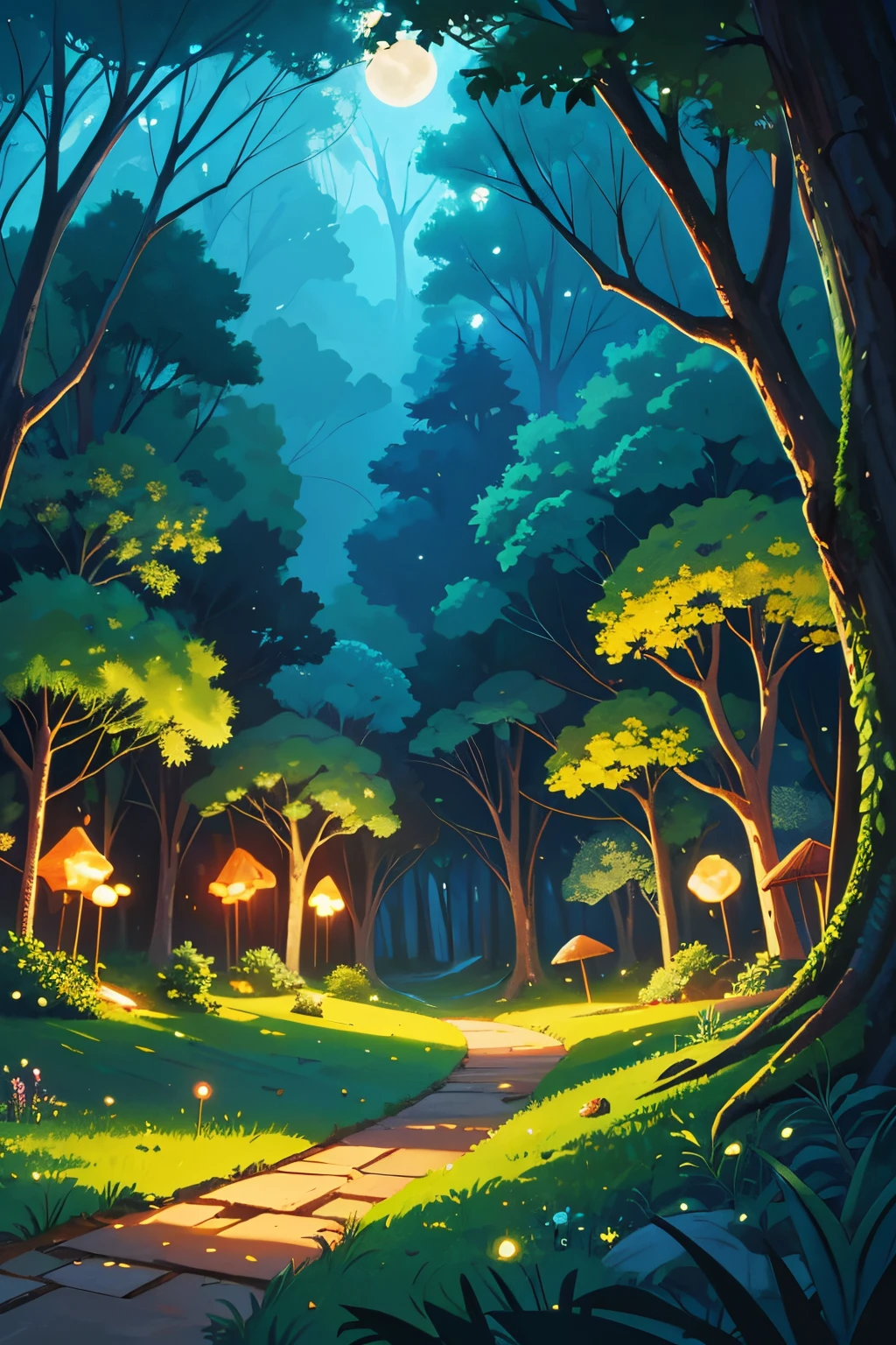 fundo brasileiro da floresta, paisagem florestal, Natureza, pintura digital, Beautiful digital illustration, fundo fantasia, Noite