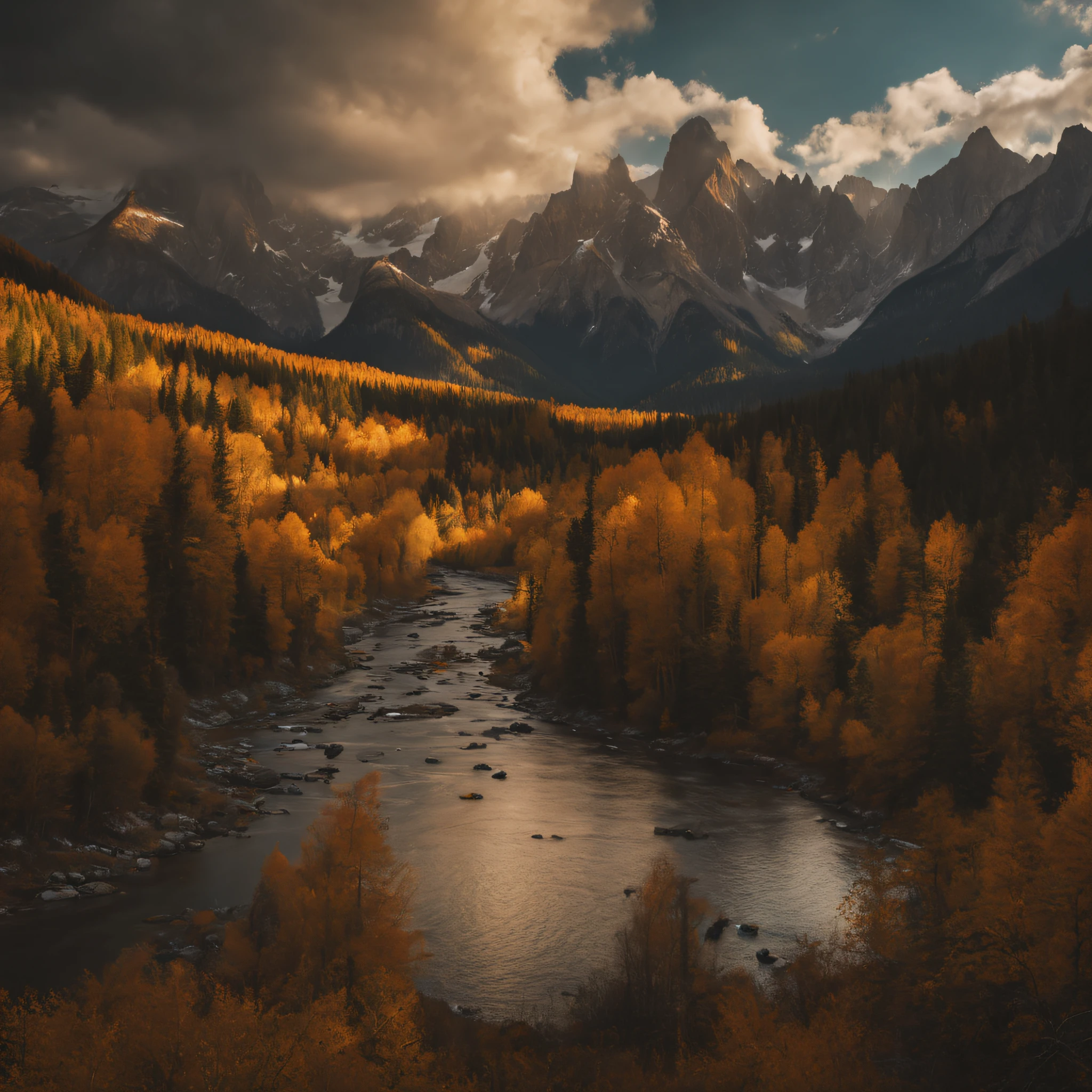 a beautiful landscape of rocky mountains with brown color, and a small river that runs between the rocky mountains, and a beam of sunlight between the clouds, style of a photograph made by Marta Bevacqua, midjourney, 8k.