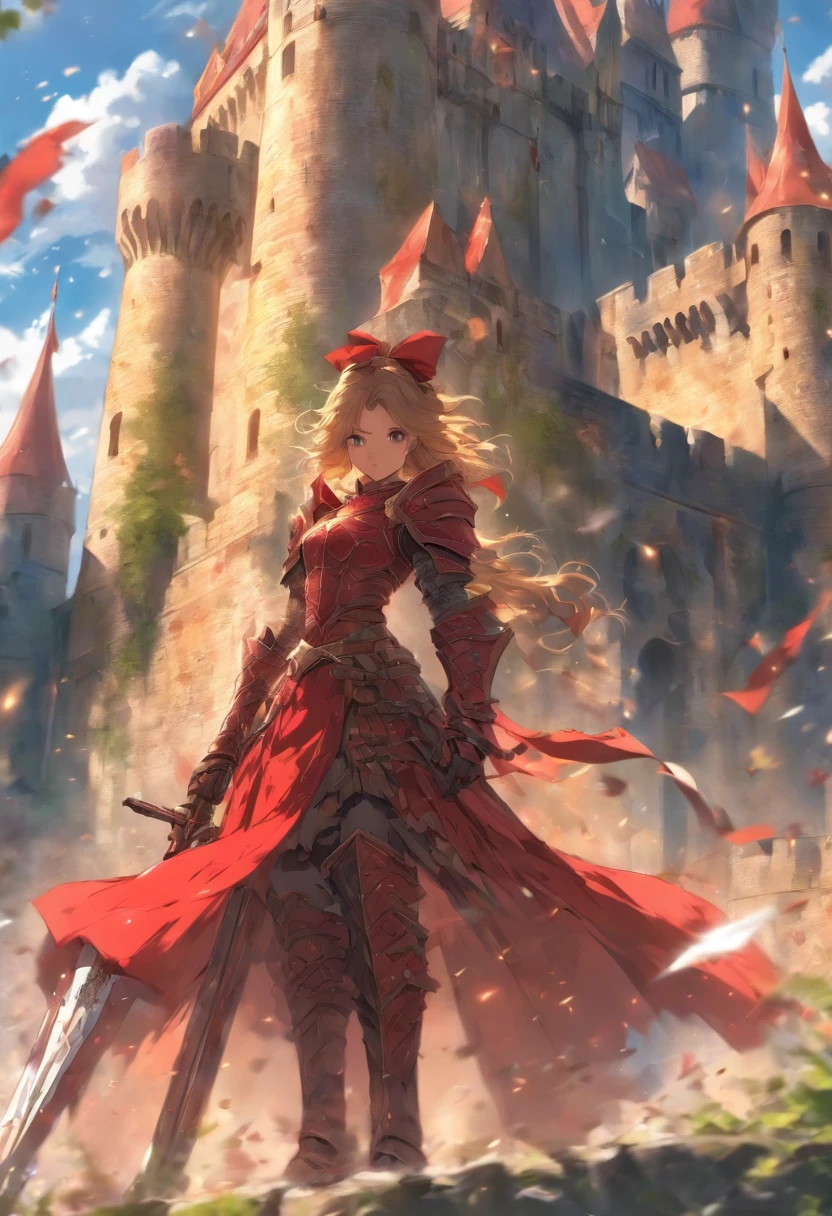 (best quality,4k,8k,highres,masterpiece:1.2),ultra-detailed,(realistic,photorealistic,photo-realistic:1.37),a girl in red armour holding a longsword and a shield, a girl in white armour with a big bow, a castle in the background,colorful and vibrant,soft and warm lighting