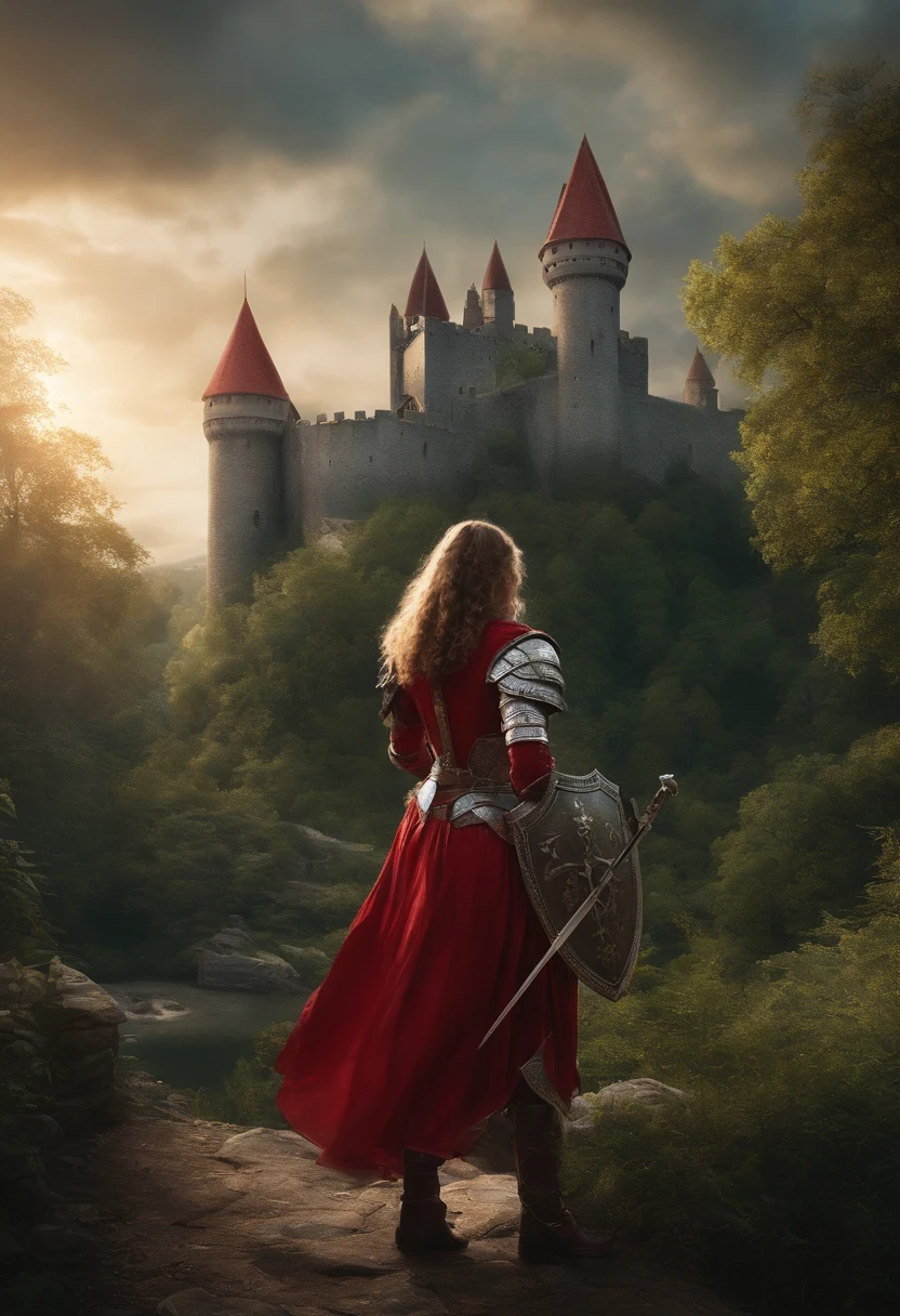 (best quality,4k,8k,highres,masterpiece:1.2),ultra-detailed,(realistic,photorealistic,photo-realistic:1.37),a girl in red armour holding a longsword and a shield, a girl in white armour with a big bow, a castle in the background,colorful and vibrant,soft and warm lighting