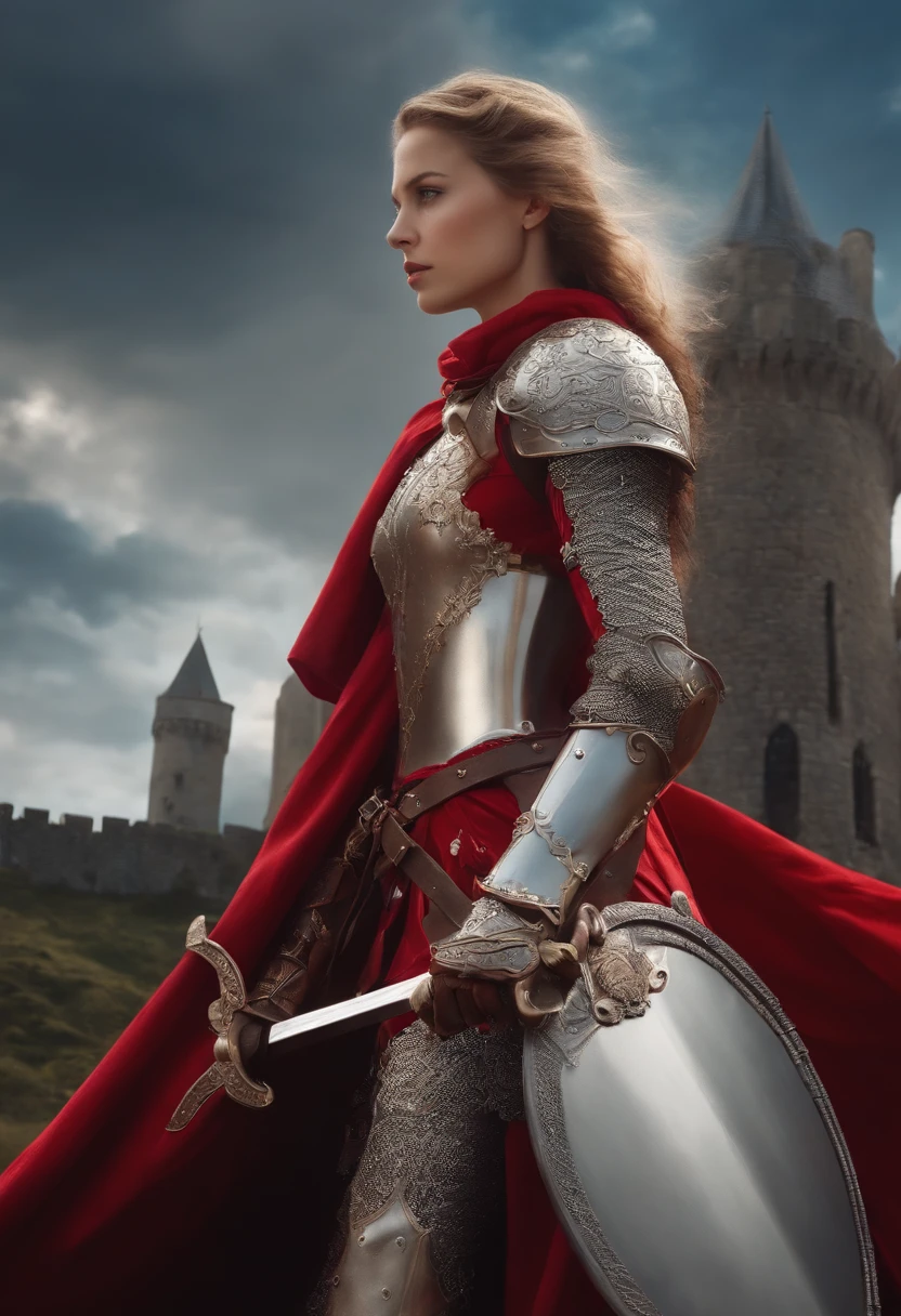 (best quality,4k,8k,highres,masterpiece:1.2),ultra-detailed,(realistic,photorealistic,photo-realistic:1.37),a girl in red armour holding a longsword and a shield, a girl in white armour with a big bow, a castle in the background,colorful and vibrant,soft and warm lighting