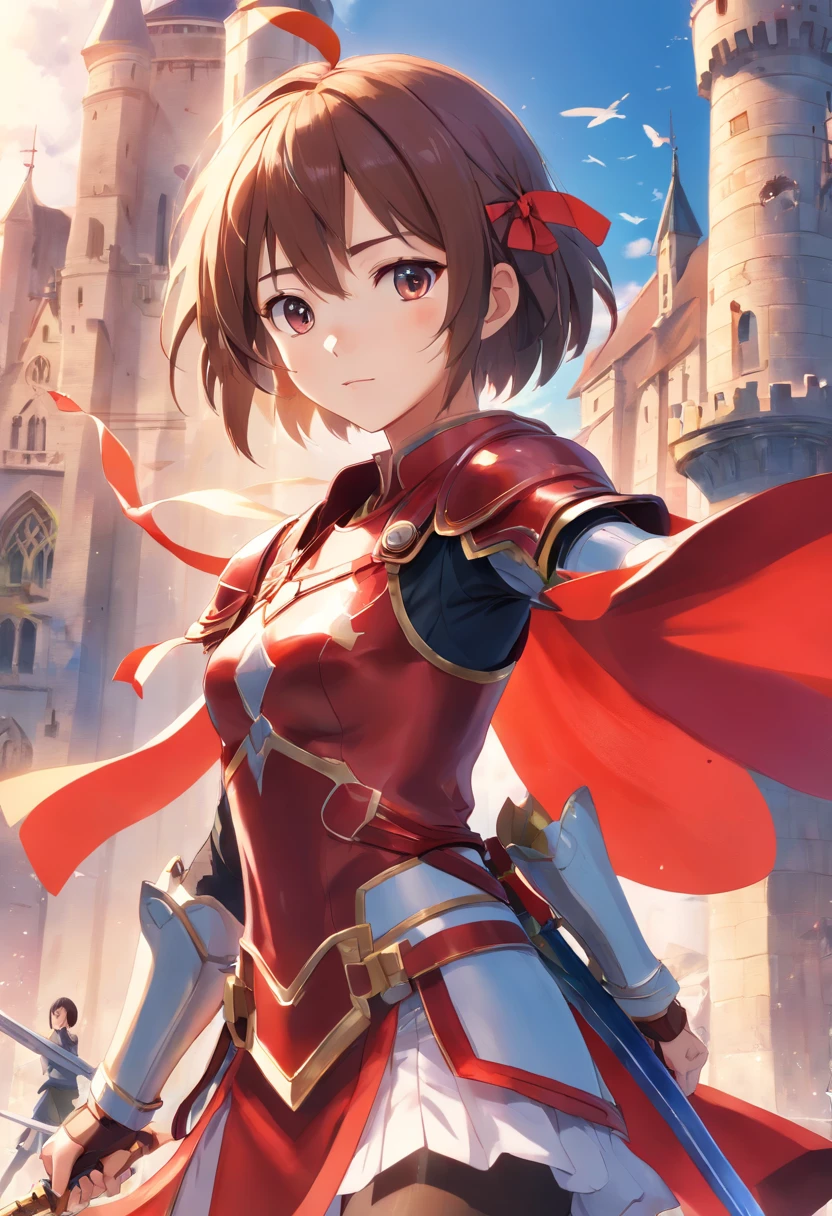 (best quality,4k,8k,highres,masterpiece:1.2),ultra-detailed,(realistic,photorealistic,photo-realistic:1.37),a girl in red armour holding a longsword and a shield, a girl in white armour with a big bow, a castle in the background,colorful and vibrant,soft and warm lighting