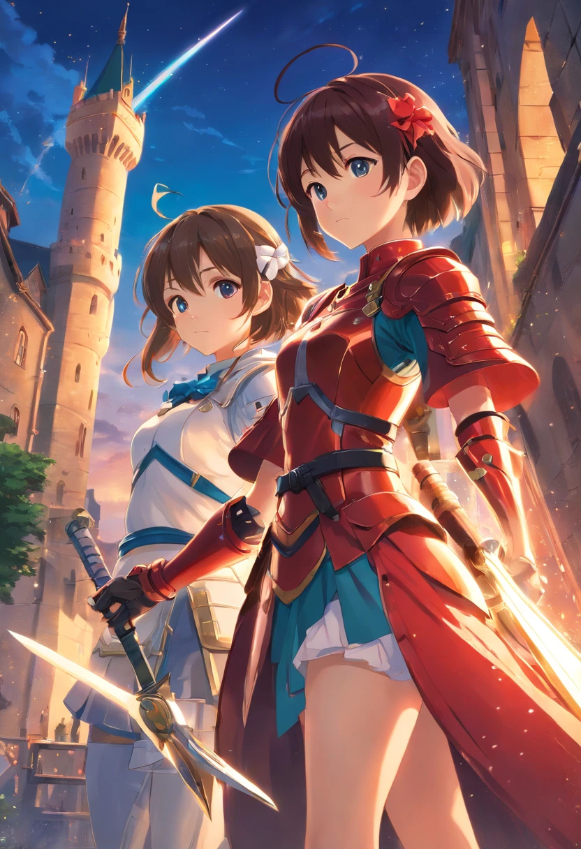 (best quality,4k,8k,highres,masterpiece:1.2),ultra-detailed,(realistic,photorealistic,photo-realistic:1.37),a girl in red armour holding a longsword and a shield, a girl in white armour with a big bow, a castle in the background,colorful and vibrant,soft and warm lighting