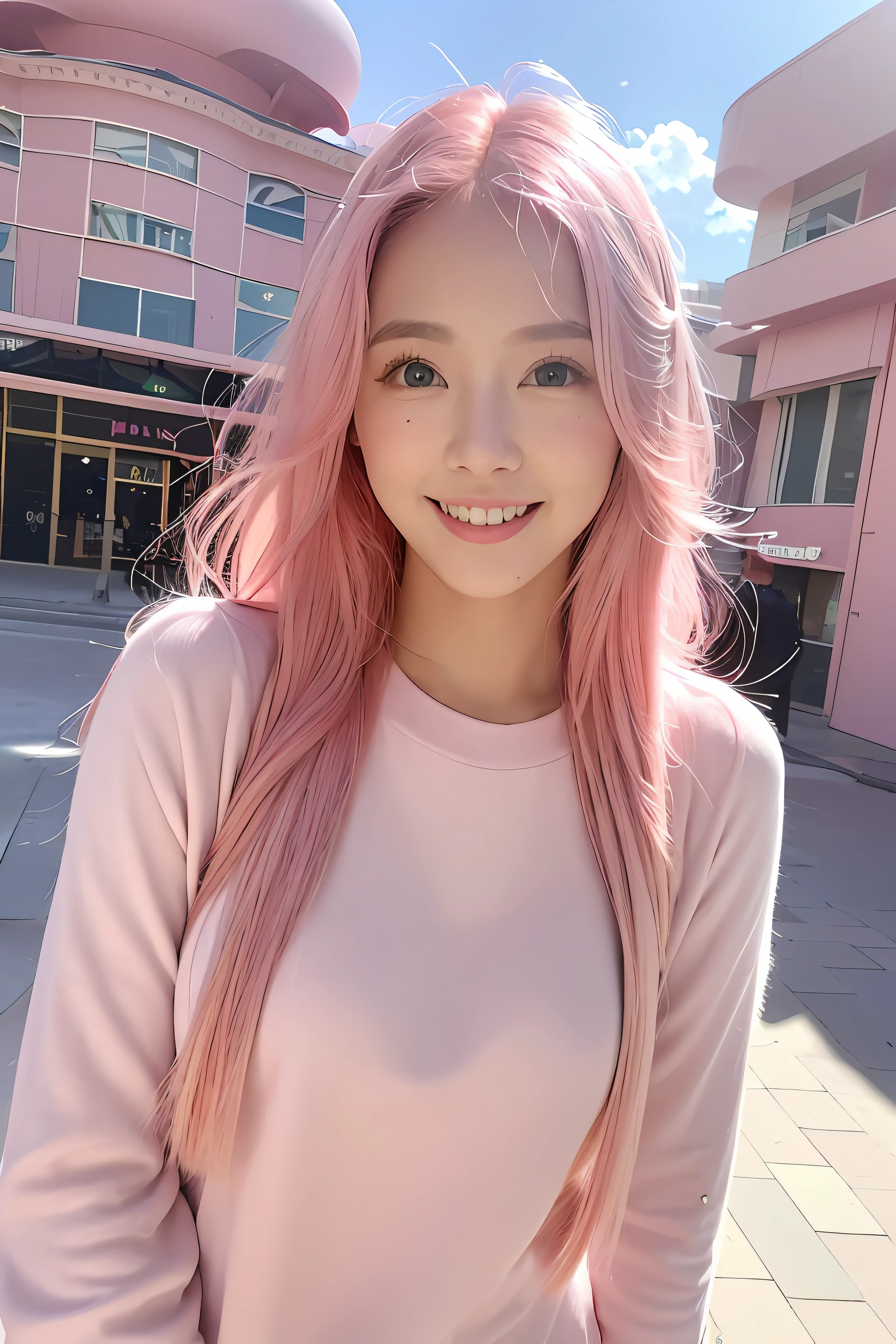 (extra detailed body、extra detailed face、best qualtiy:1.2)、femele、looking at the viewers、(A pink-haired、Lunette de soleil、17 age、a smile、Flashy clothes)、(Pink architecture on background:1.4)、Midjourney Worldview
