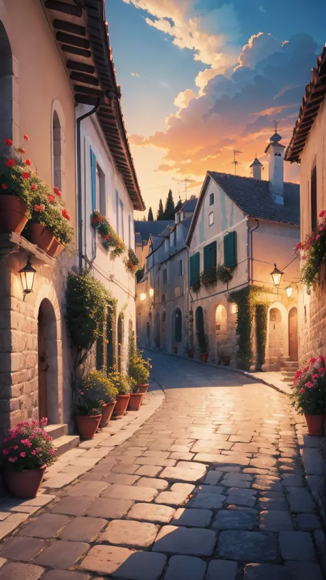 illustration:10, masterpiece,best quality,Alberobello town, Italy,evening sun, houses, trees, lights, stone paths, streetslora:w...