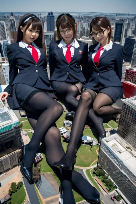 multiple girls, giantess art, a hyperrealistic schoolgirl, , highly detailed giantess shot, der riese, Shorthair, black pantyhos...