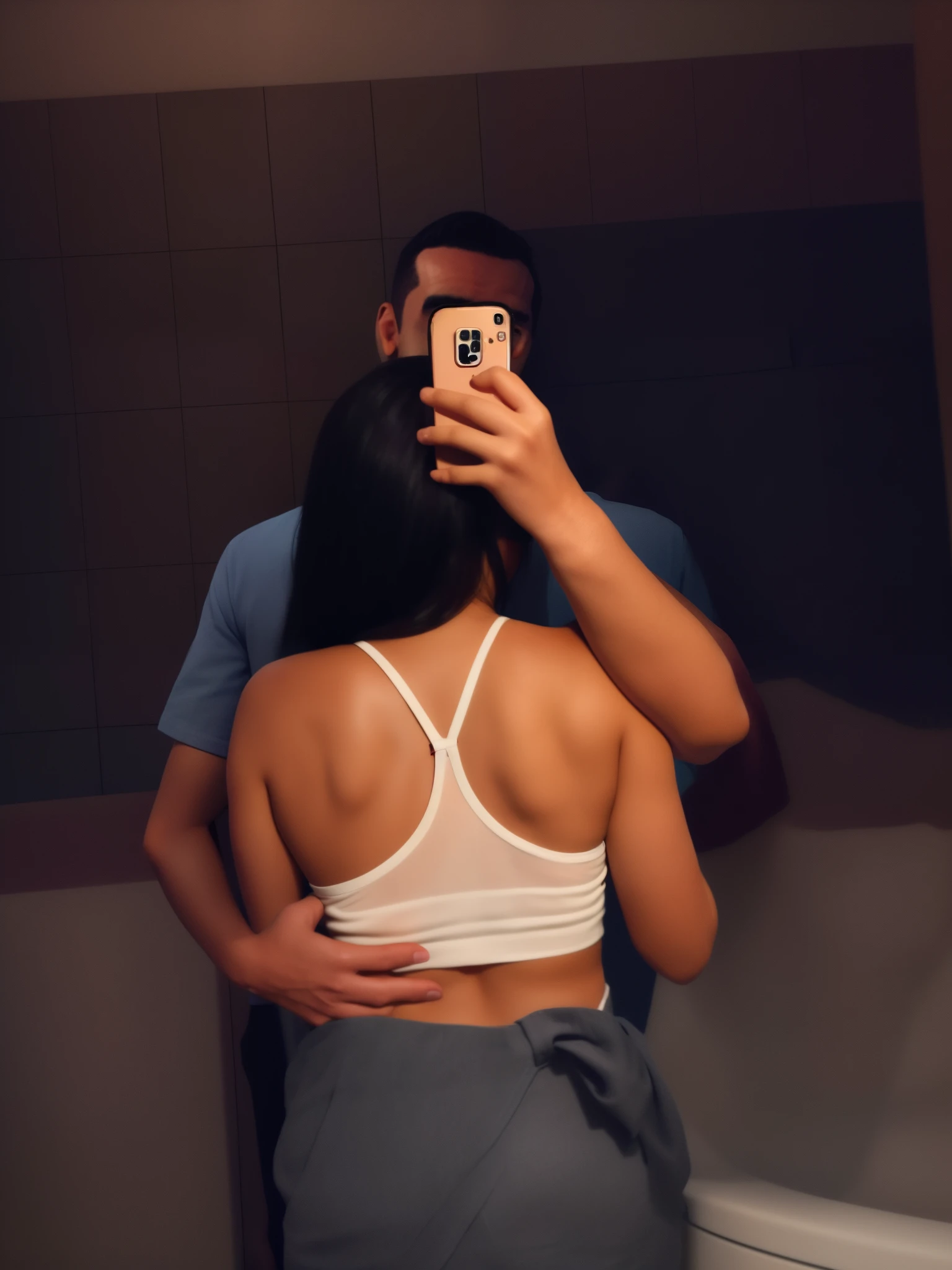 There is a man and a woman taking a selfie in the bathroom - SeaArt AI