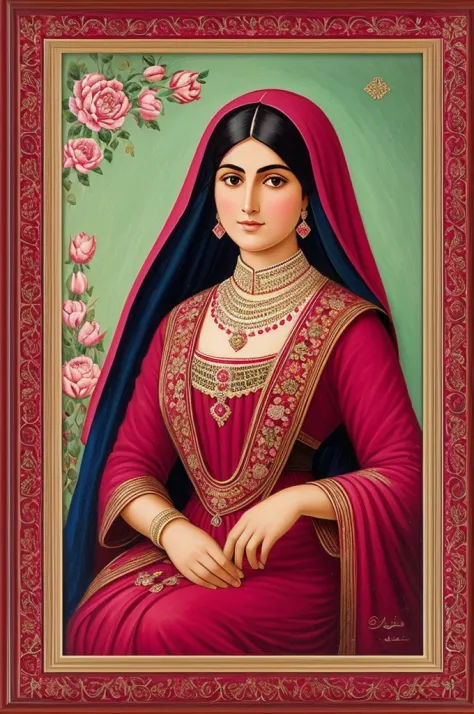 Persian Qajar period woman , in traditional red-pink clothes , background contains painting of nightingale among rose and peony ...