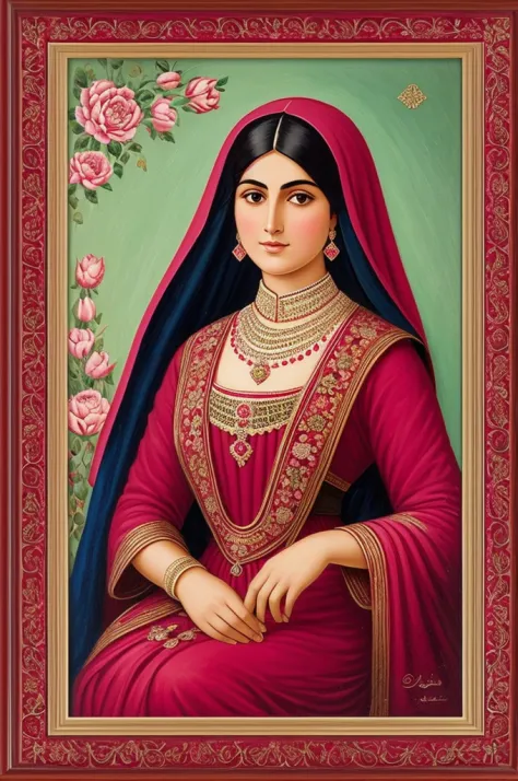 persian qajar period woman , in traditional red-pink clothes , background contains painting of nightingale among rose and peony ...