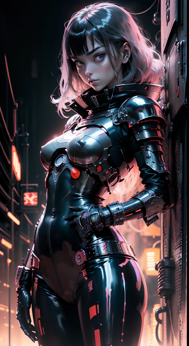 anime style from 80's, (woman in sci-fi armor, dark red-gray armor), style of junji ito, sweat under the eyes, Ink sketch, monochrome with two colors, armored tubes and wires, Complex background, dark pattern with black gradients, style of junji ito, Ghost in the Shell, small key, low-contrast