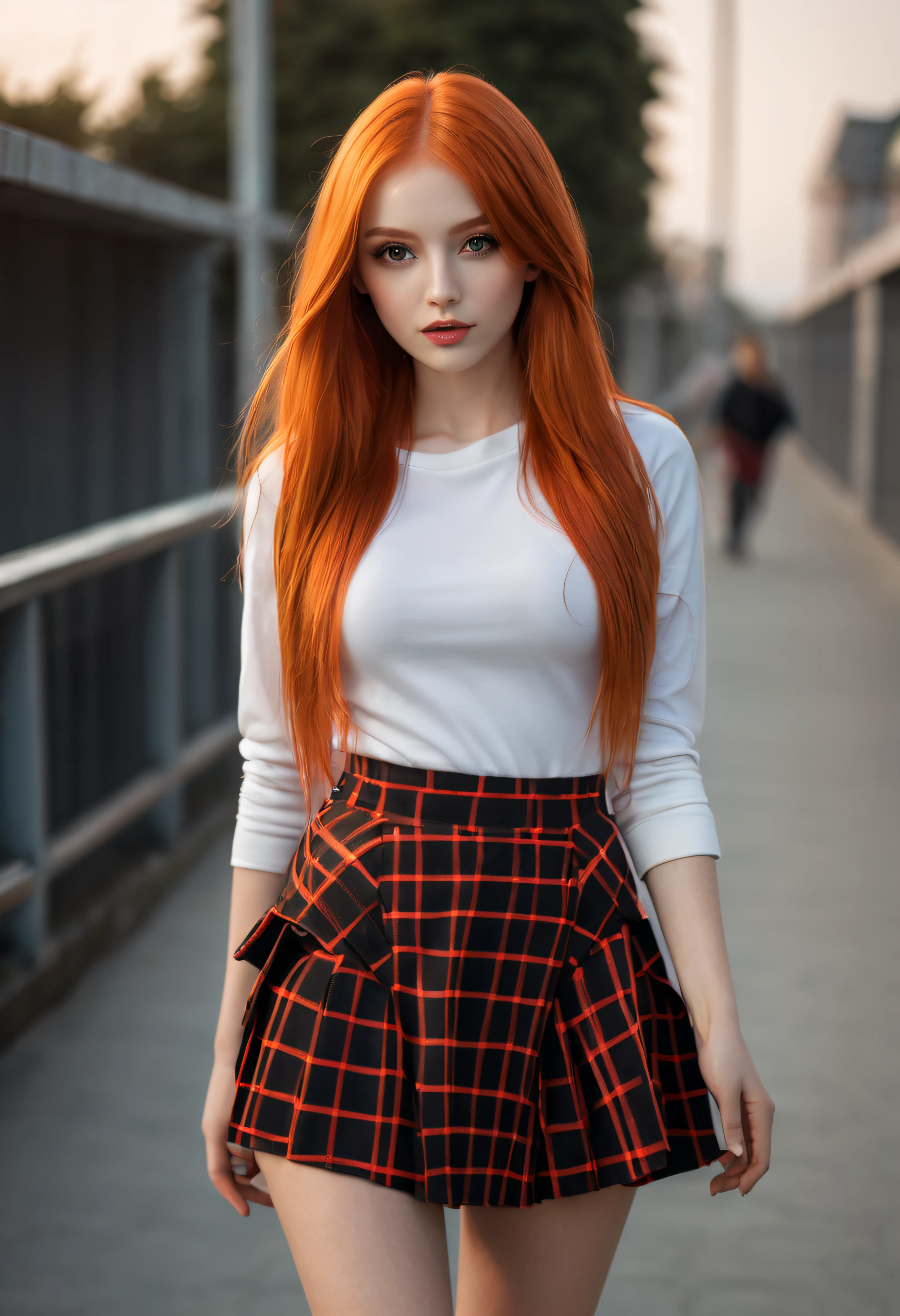 モデルのような美しい女の子,長いオレンジ色の髪を持つ ,赤と黒のチェック柄スカート,短いスカートで,膝上スカート,肌のディテール,発光する ,8k