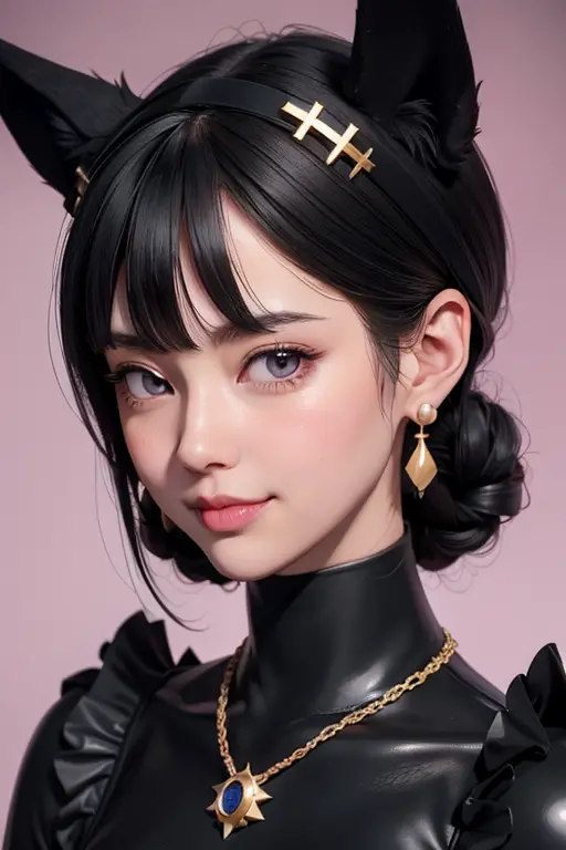 black hair, hair bobbles, wince, longeyelashes, solid circle eyes, fake animal ears, light smile, ear blush, fang, Surrealism, d...