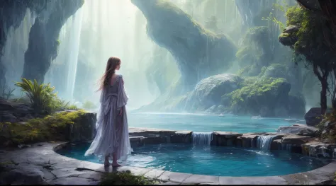 Painting: An enchanting artwork portraying a girl wearing silk, standing at the edge of a mystical pool, surrounded by swirling ...